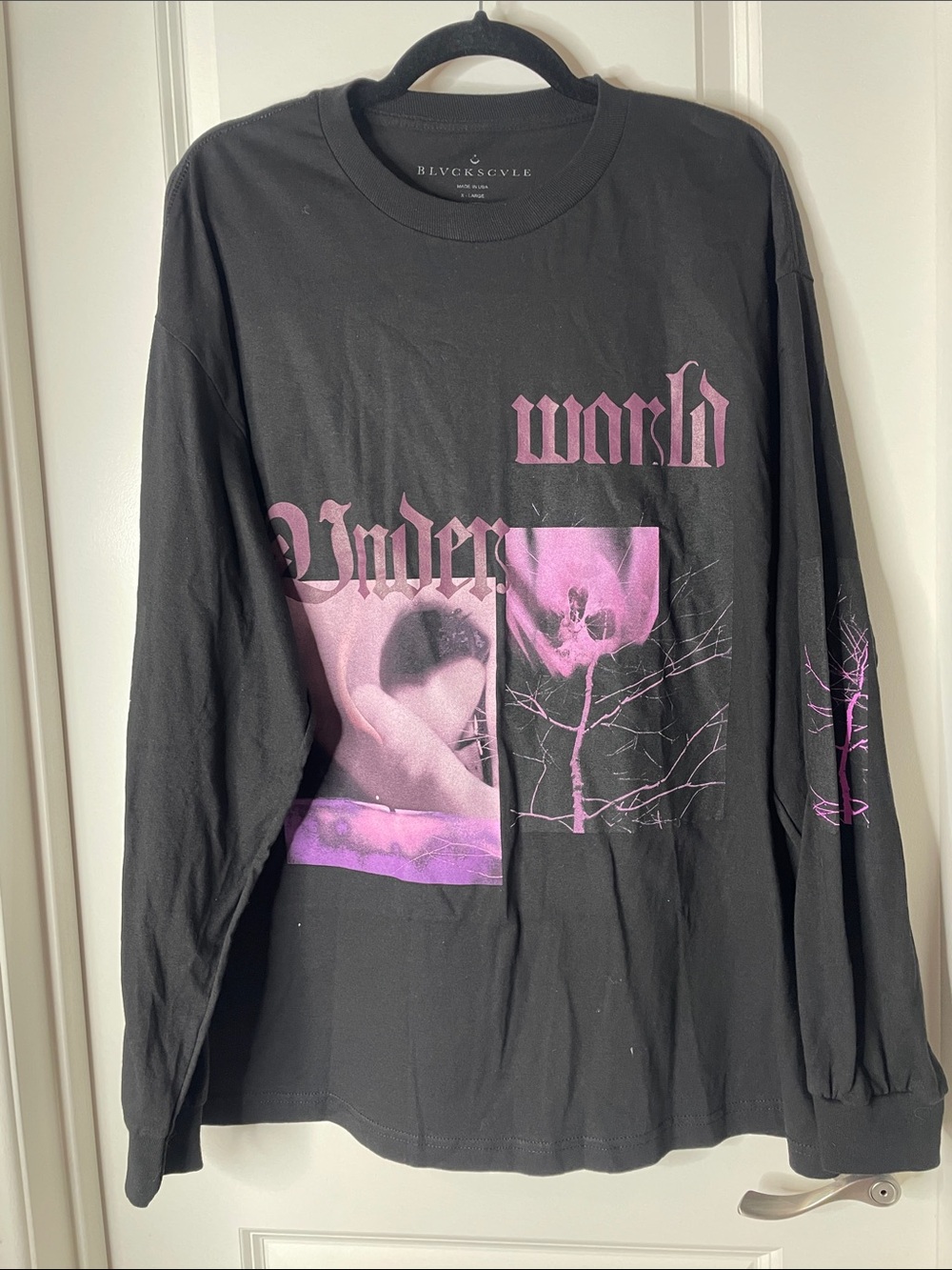 Men's Black Long Sleeve Graphic Tee with Pink Print